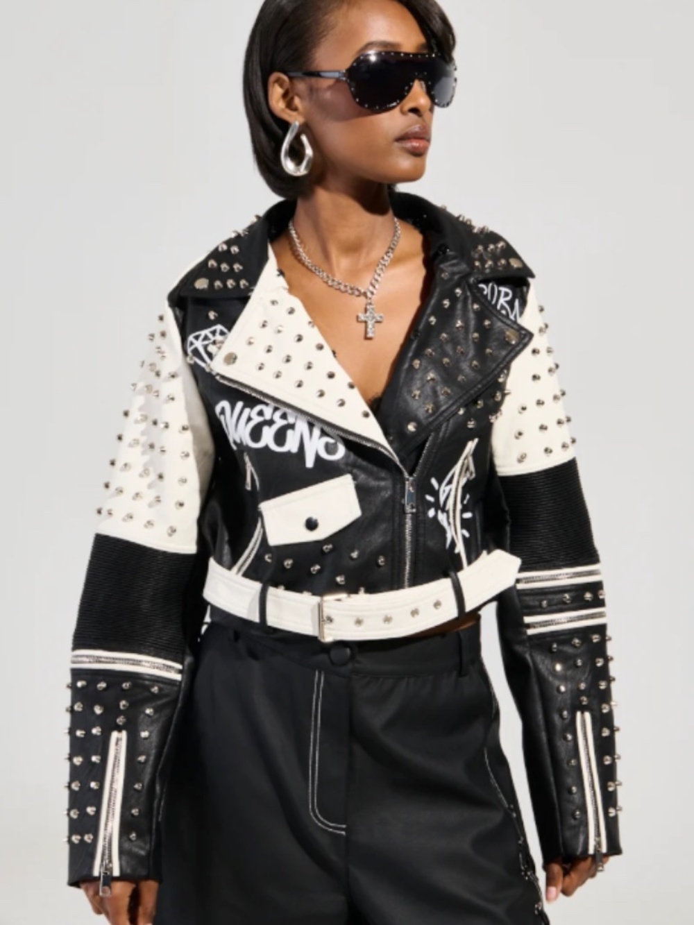 Red Fox Studded Black & White Leather Moto Jacket